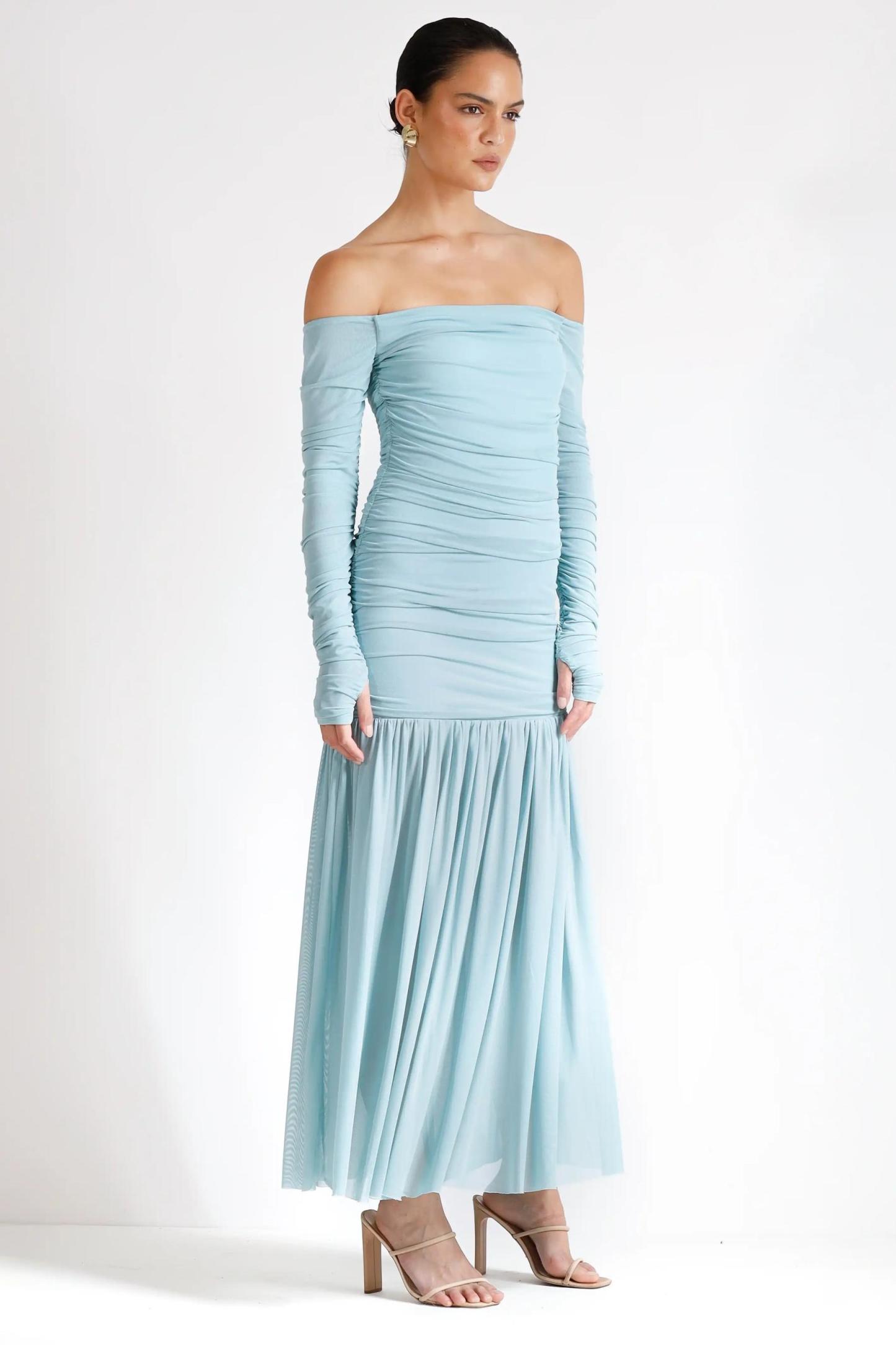 Mesh Off-Shoulder Gathering Midi Dress