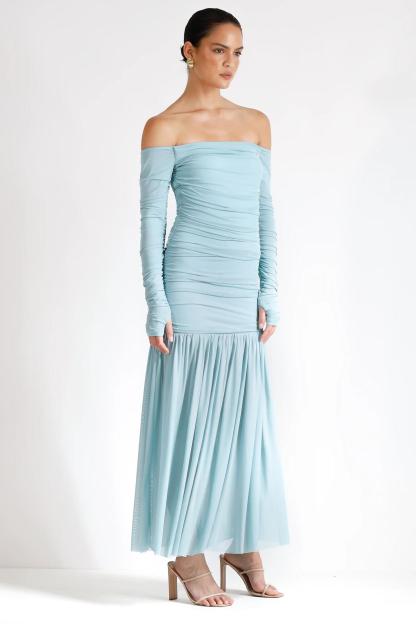 Mesh Off-Shoulder Gathering Midi Dress