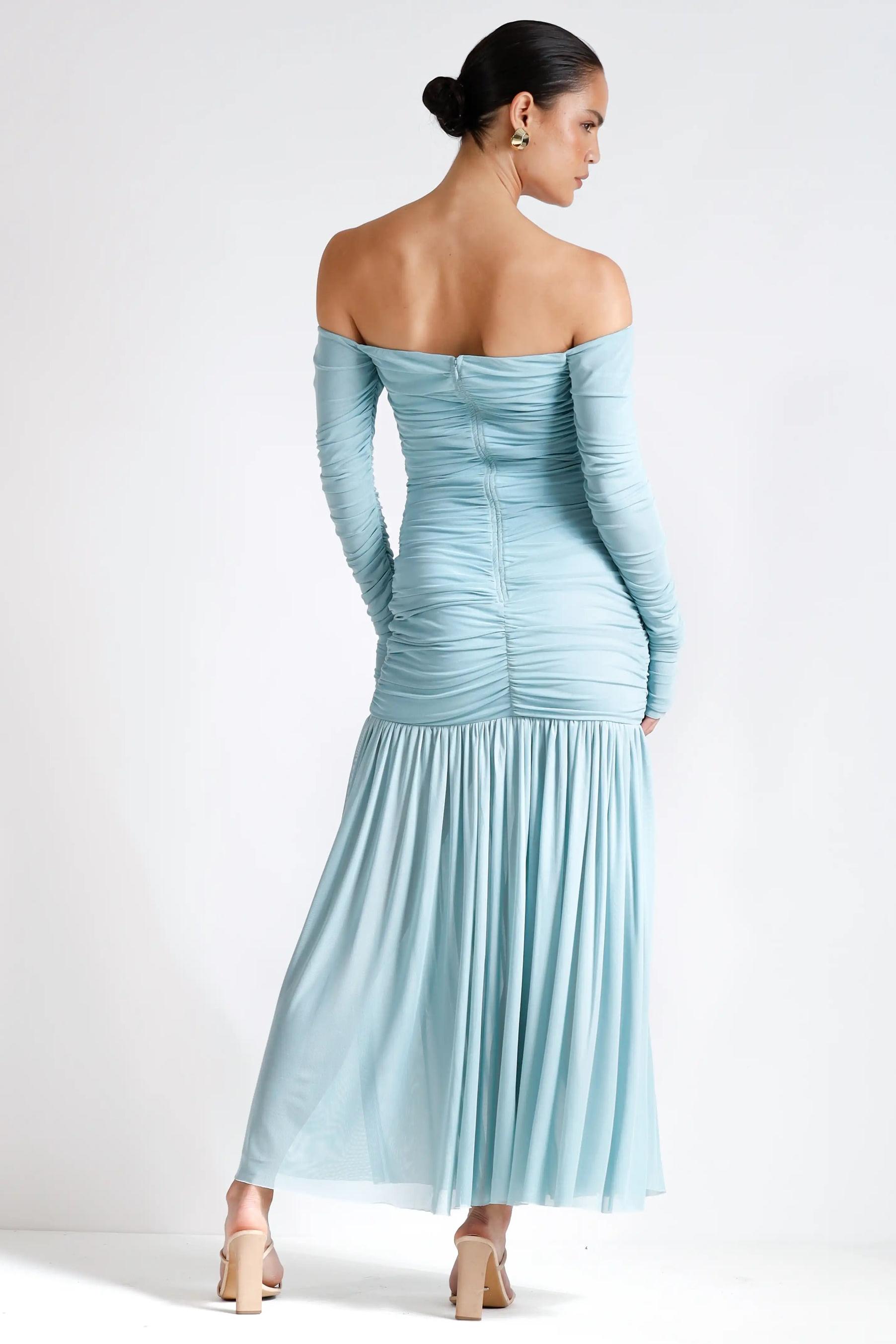 Mesh Off-Shoulder Gathering Midi Dress