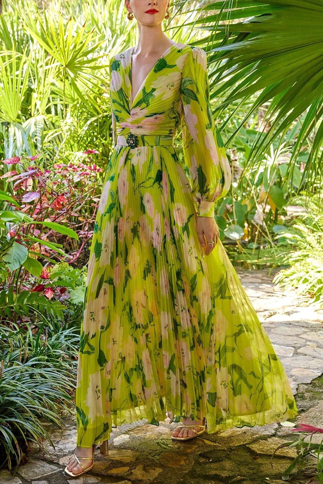Floral V-Neck Pleated Midi Dress With Belt