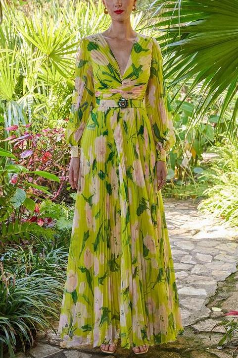 Floral V-Neck Pleated Midi Dress With Belt