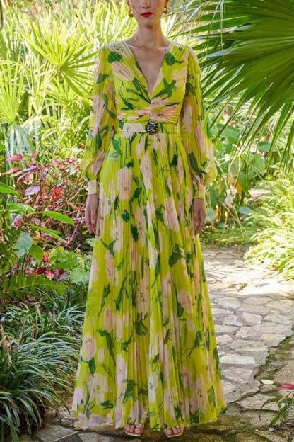 Floral V-Neck Pleated Midi Dress With Belt