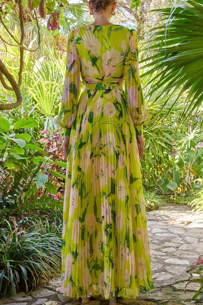 Floral V-Neck Pleated Midi Dress With Belt