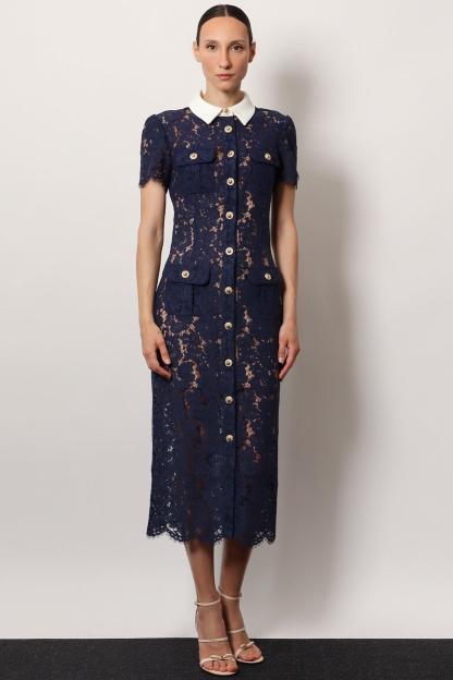 Lace Shirt Collar Single Breasted Midi Dress With Pocket