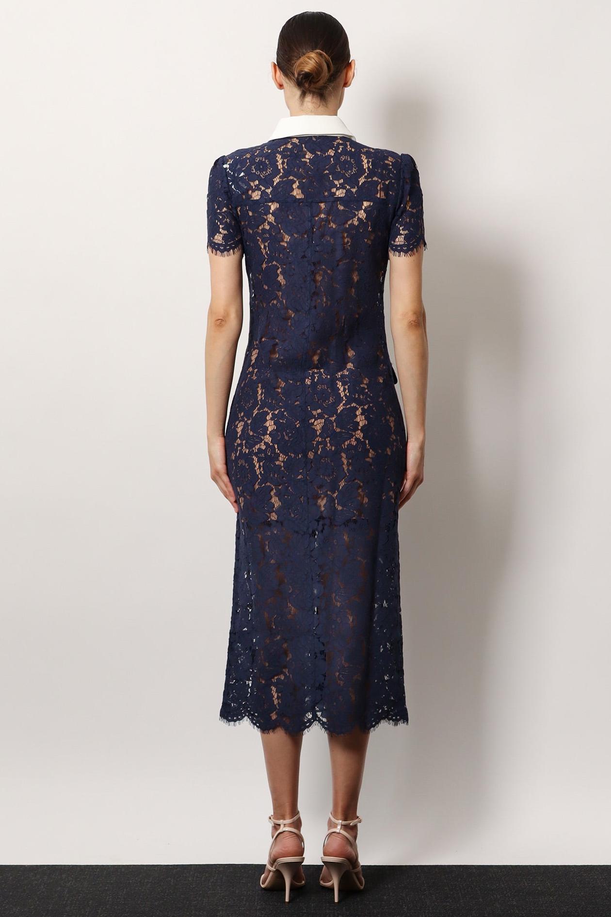 Lace Shirt Collar Single Breasted Midi Dress With Pocket