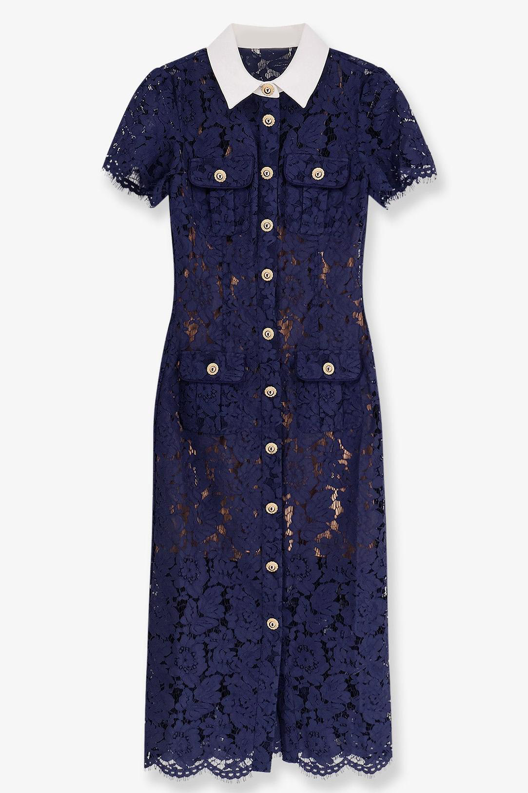 Lace Shirt Collar Single Breasted Midi Dress With Pocket