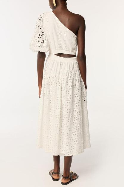 Skew Collar Cut-Out Top & Slit Midi Skirt Set