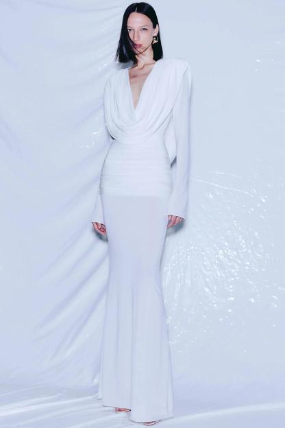 Jersey Swing Collar Long Sleeve Maxi Dress