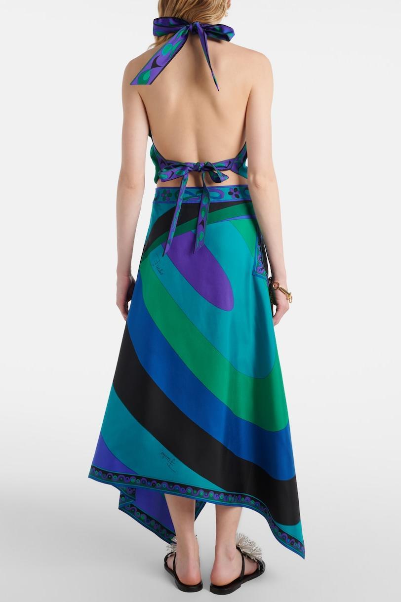 Satin Halter Neck Mini Top & Scarf Print Mid Waist Midi Skirt Set