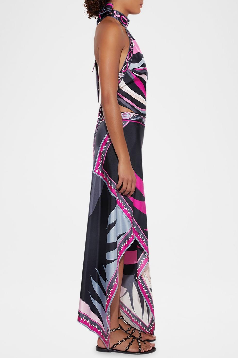 Satin Halter Neck Mini Top & Scarf Print Mid Waist Midi Skirt Set