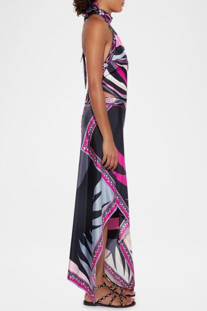 Satin Halter Neck Mini Top & Scarf Print Mid Waist Midi Skirt Set