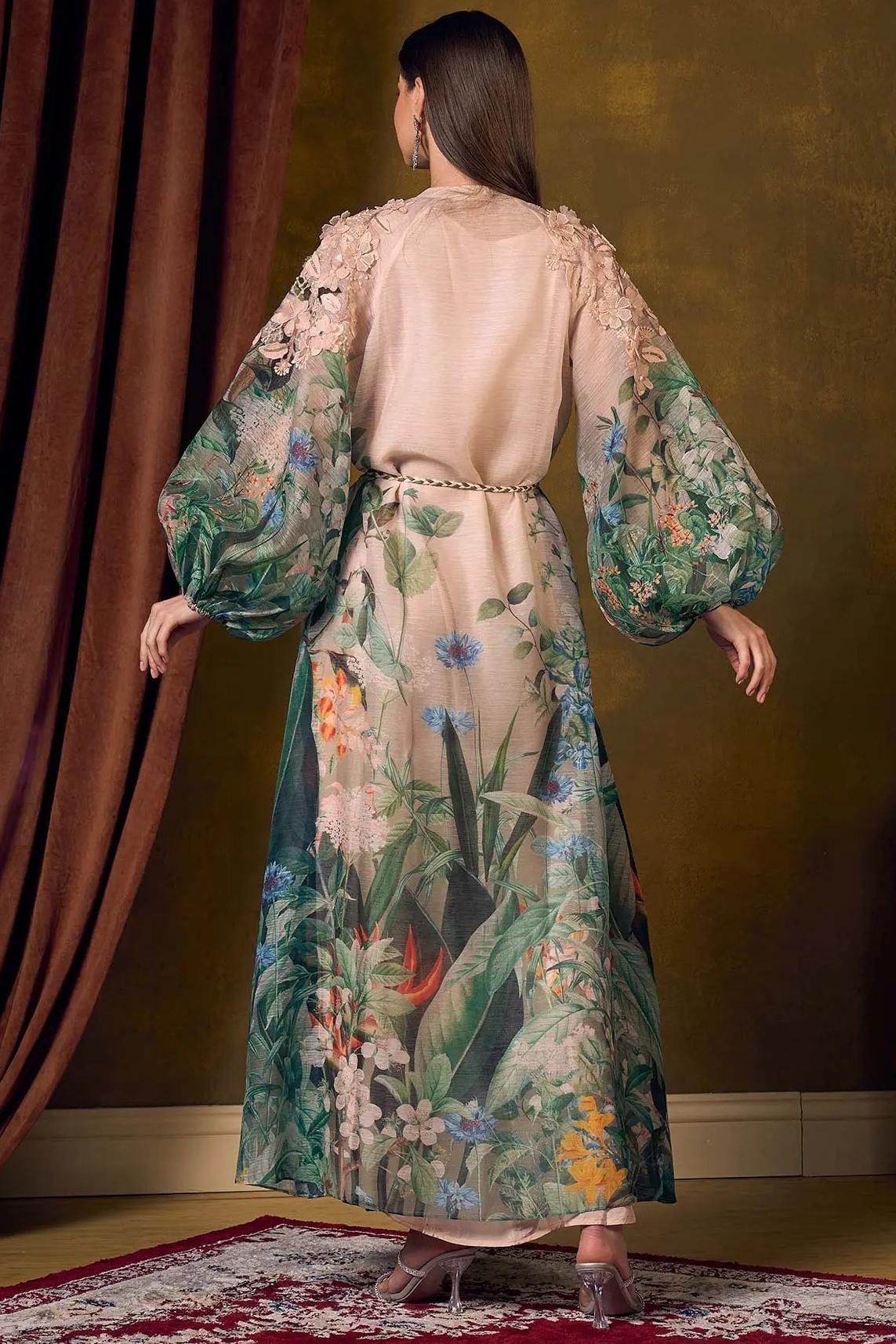 Botanical Print Lace Puff Sleeve Maxi Dress