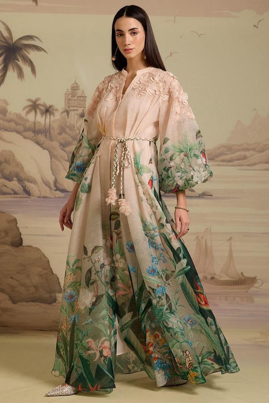 Botanical Print Lace Puff Sleeve Maxi Dress