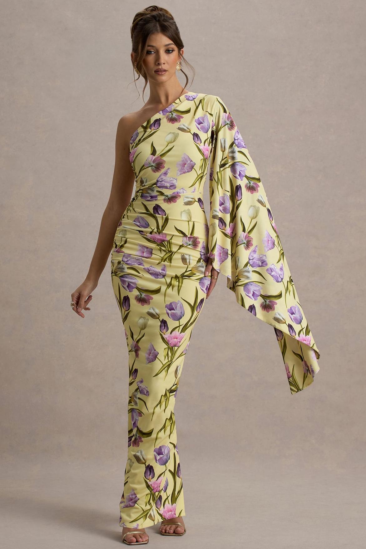 Floral One Shoulder Gathering Midi Dress