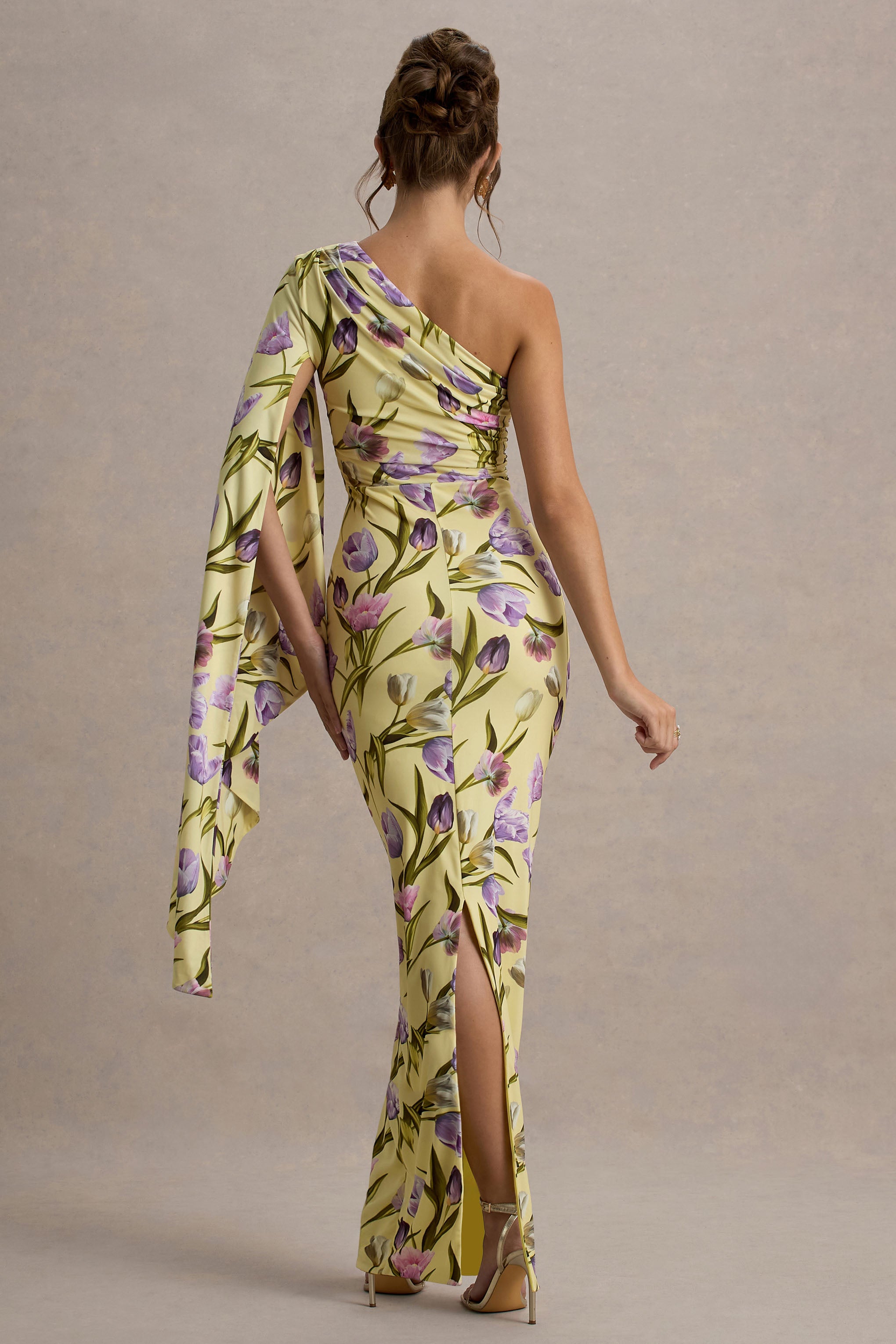 Floral One Shoulder Gathering Midi Dress
