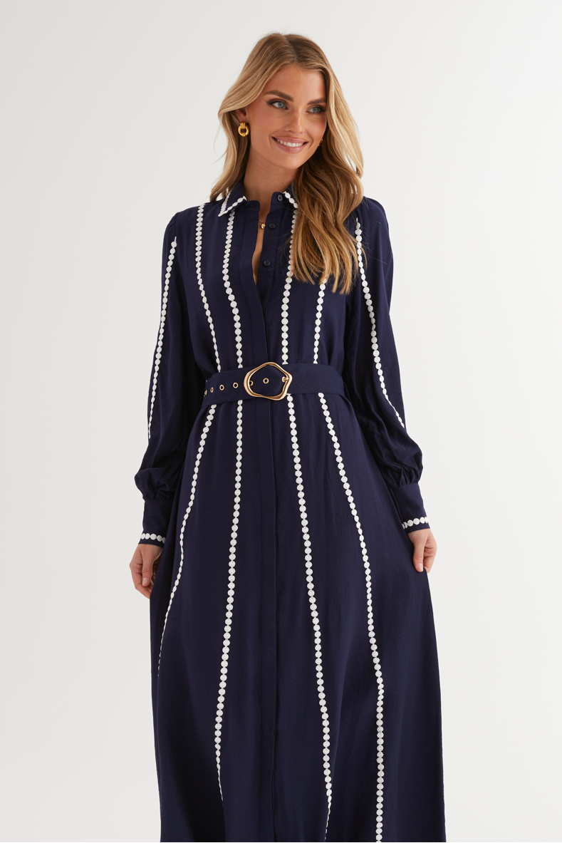 Lace Shirt Collar Midi Dress With Belt