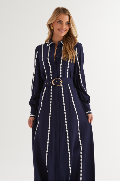 Lace Shirt Collar Midi Dress With Belt