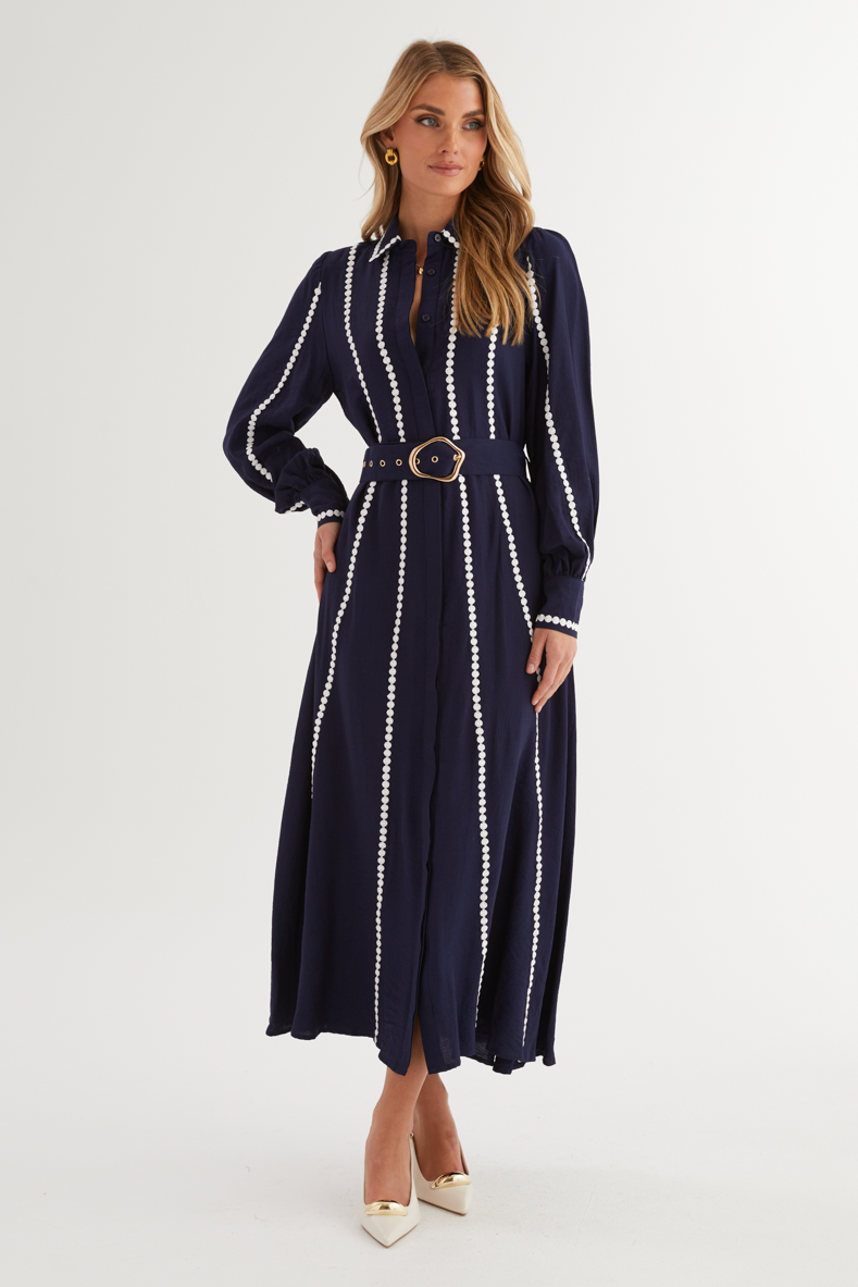 Lace Shirt Collar Midi Dress With Belt
