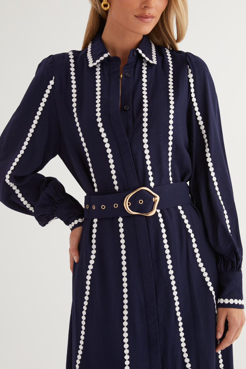 Lace Shirt Collar Midi Dress With Belt