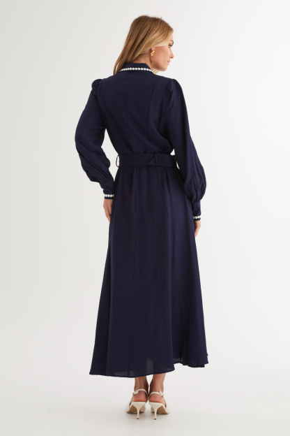 Lace Shirt Collar Midi Dress With Belt