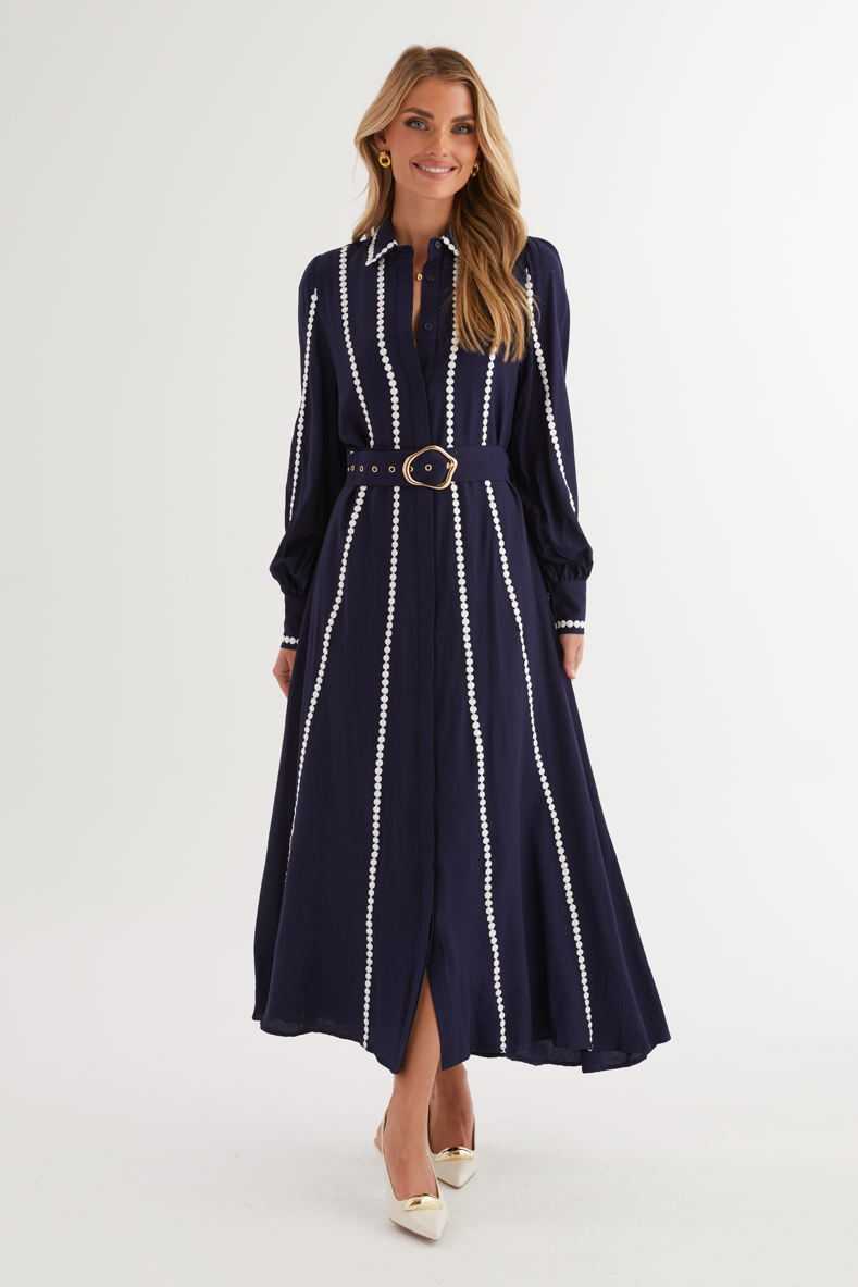 Lace Shirt Collar Midi Dress With Belt