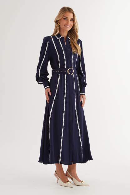 Lace Shirt Collar Midi Dress With Belt