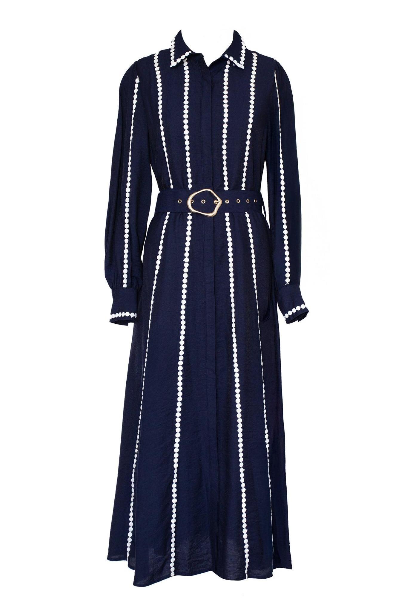 Lace Shirt Collar Midi Dress With Belt