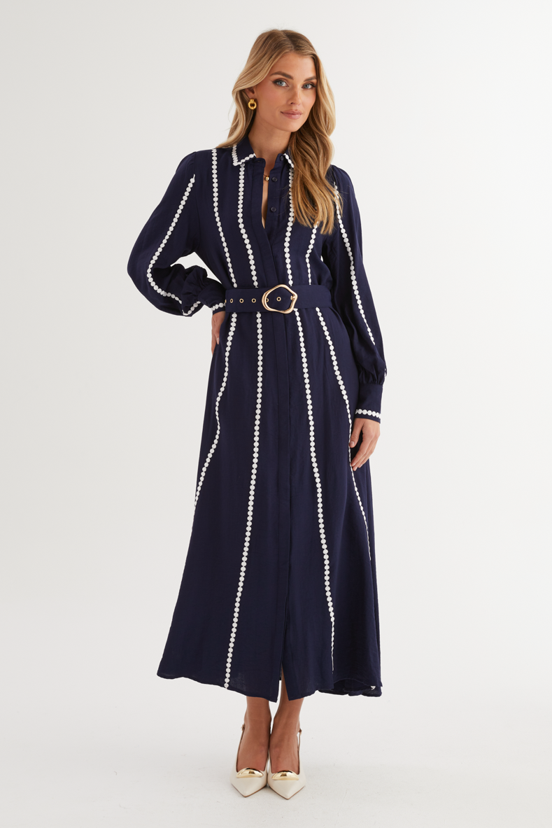 Lace Shirt Collar Midi Dress With Belt