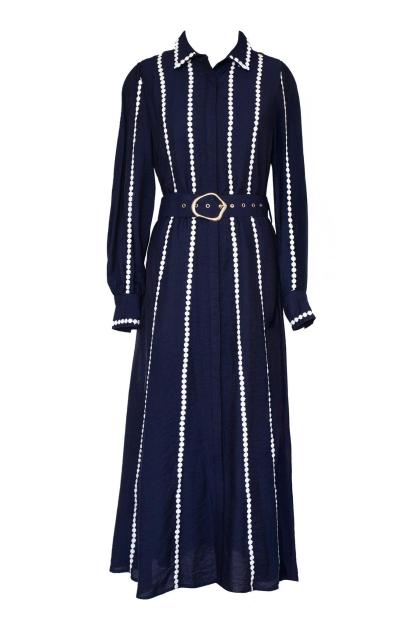 Lace Shirt Collar Midi Dress With Belt