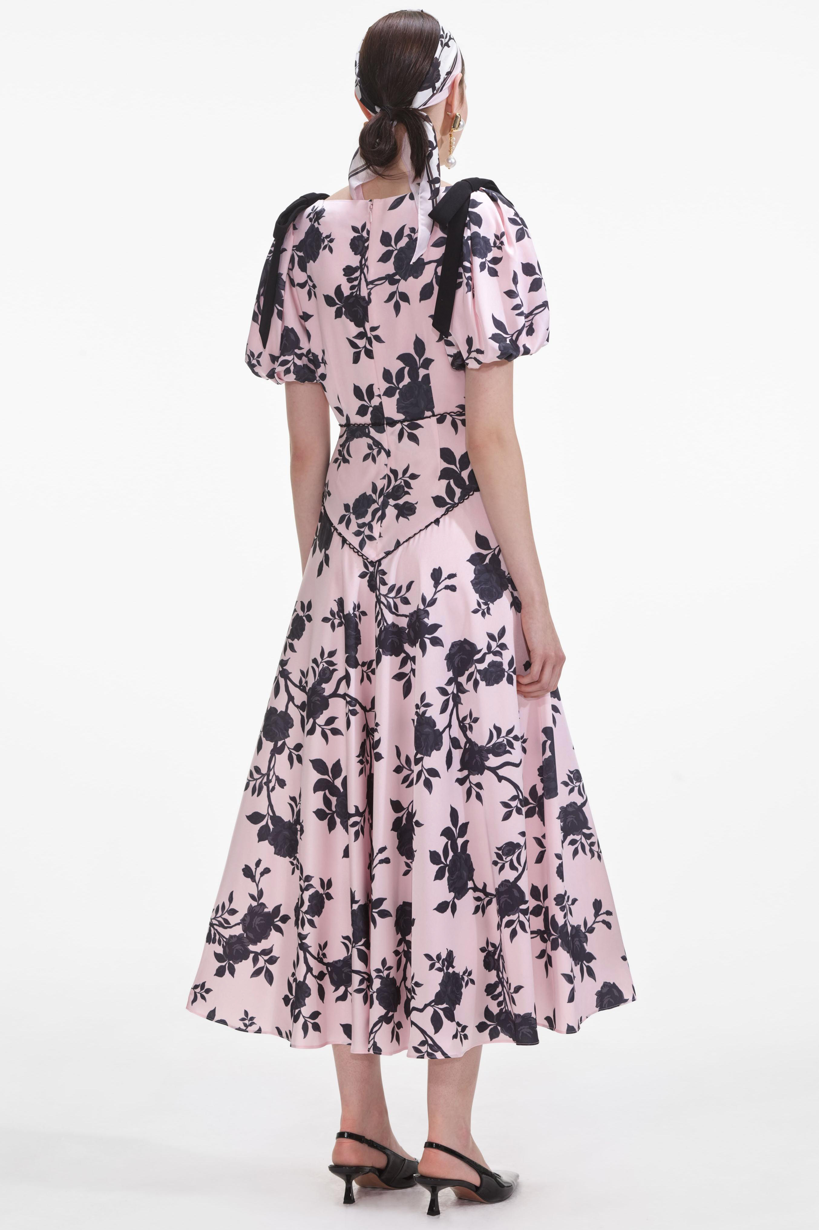 Floral Puff Sleeve V-Neck Midi Dress
