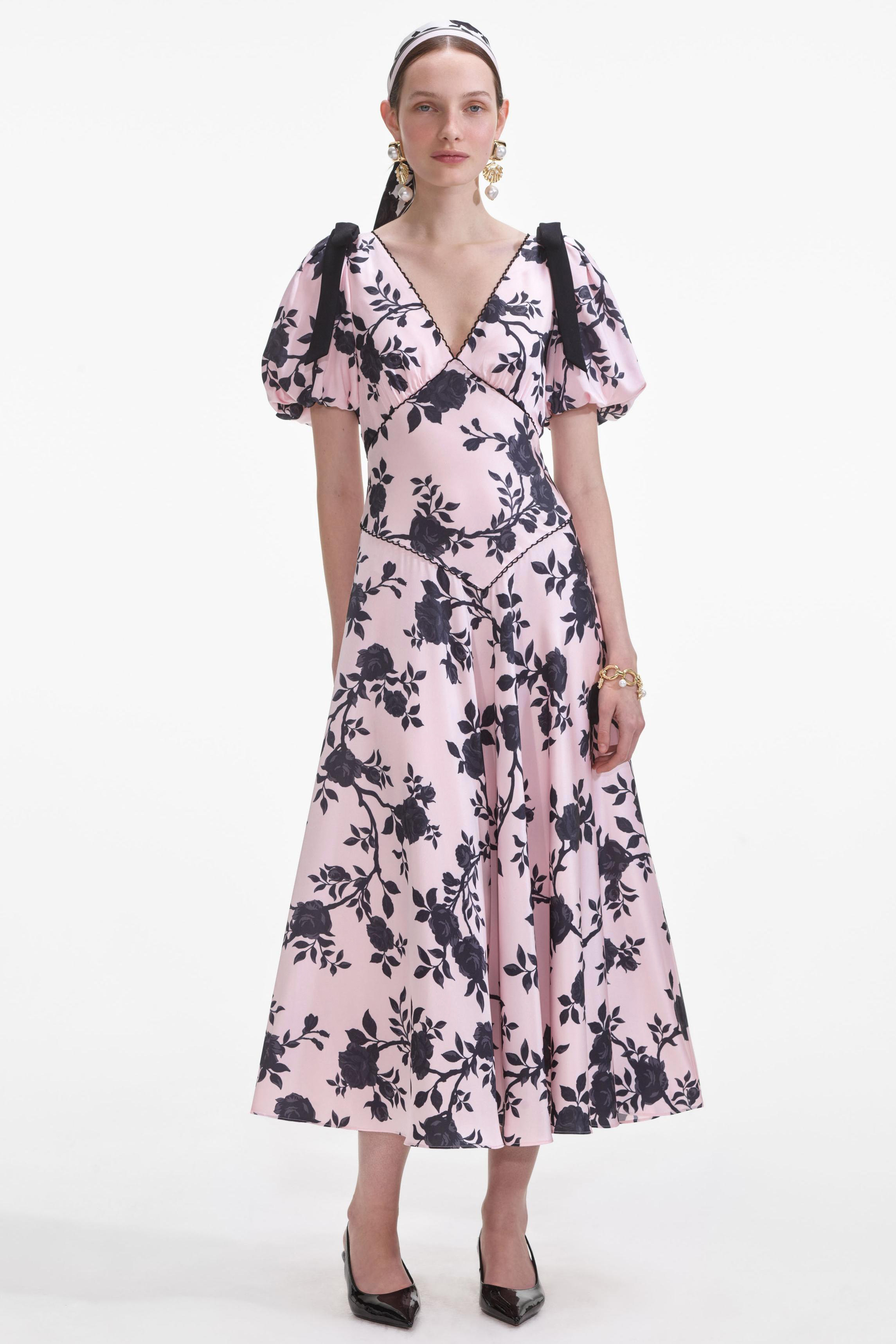 Floral Puff Sleeve V-Neck Midi Dress
