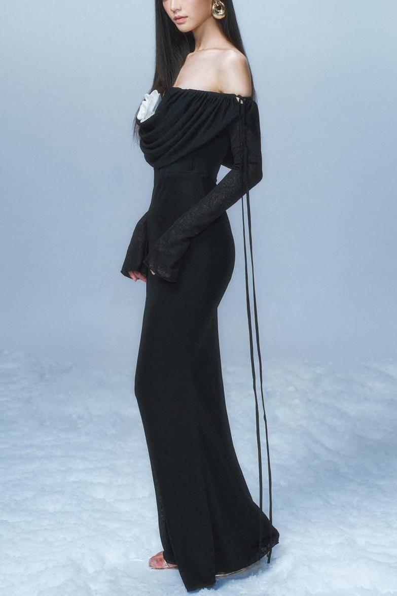 3D Flower Cowl Neckline Long Sleeve Midi Dress
