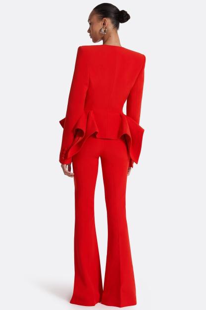 Ruffle V-Neck Blazer & Hight Waist Pants Set