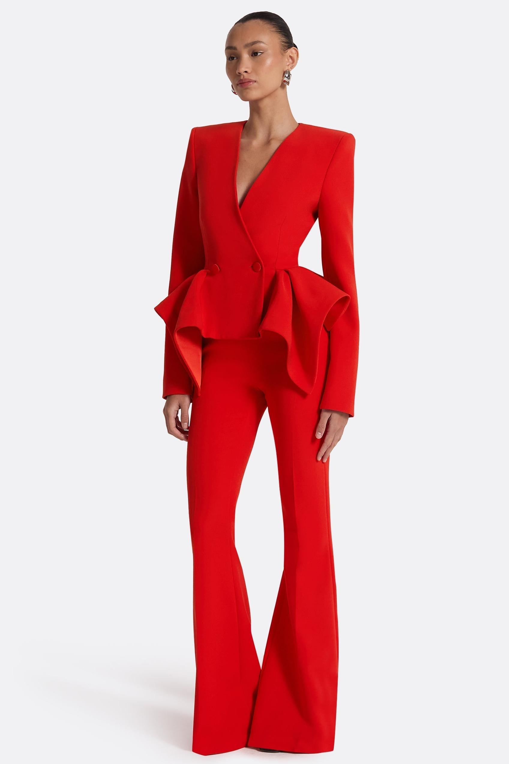 Ruffle V-Neck Blazer & Hight Waist Pants Set