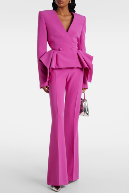 Ruffle V-Neck Blazer & High Waist Pants Set