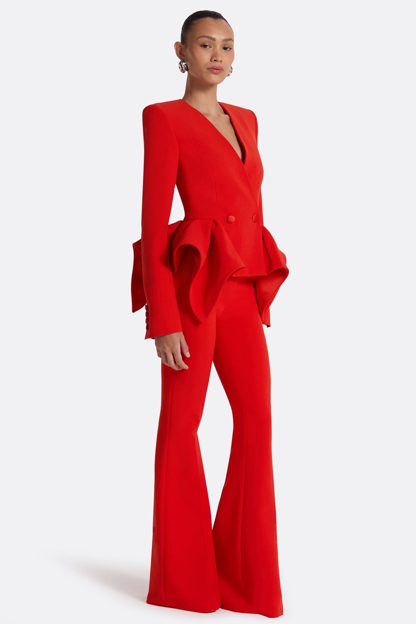 Ruffle V-Neck Blazer & Hight Waist Pants Set