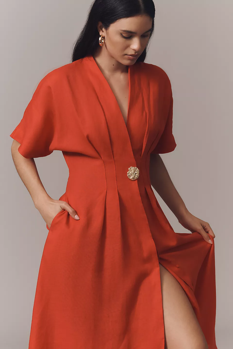 Metal Embellishment V-Neck Pleated Midi Dress