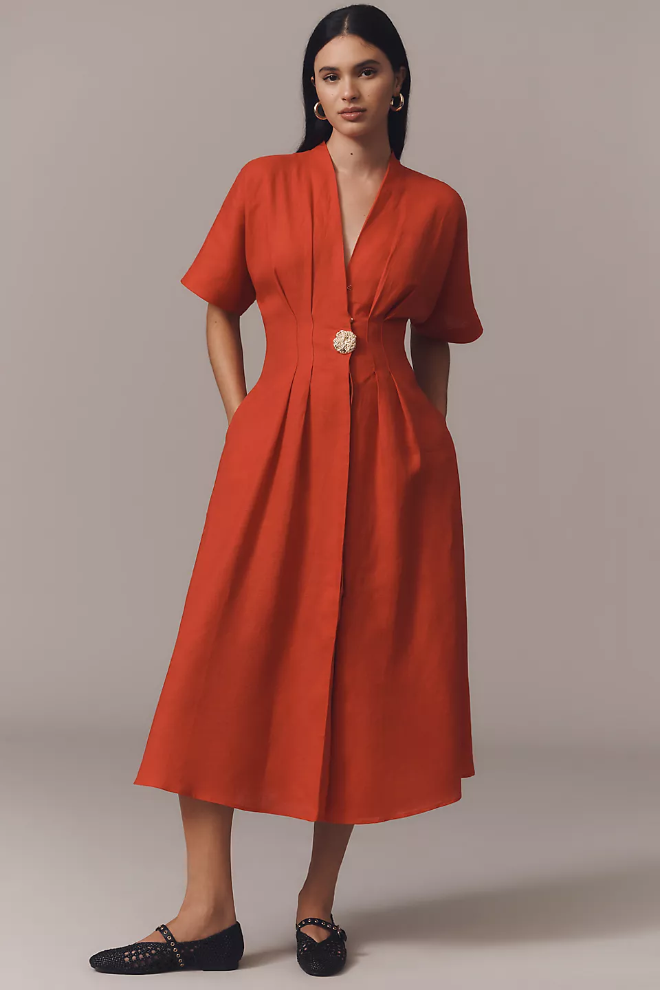 Metal Embellishment V-Neck Pleated Midi Dress