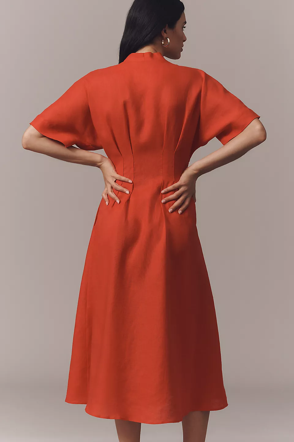 Metal Embellishment V-Neck Pleated Midi Dress