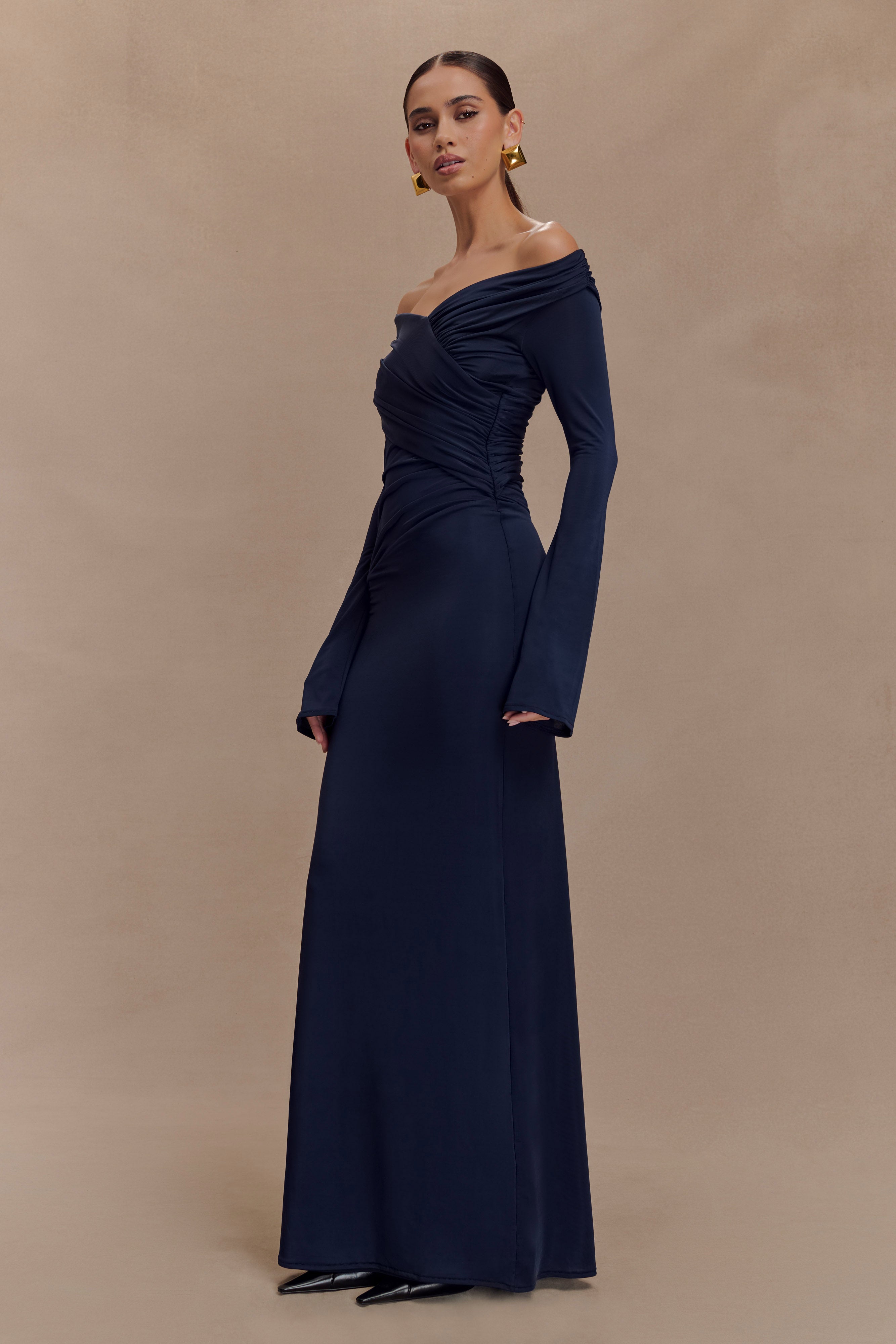 Jersey Gathering Off Shoulder Maxi Dress