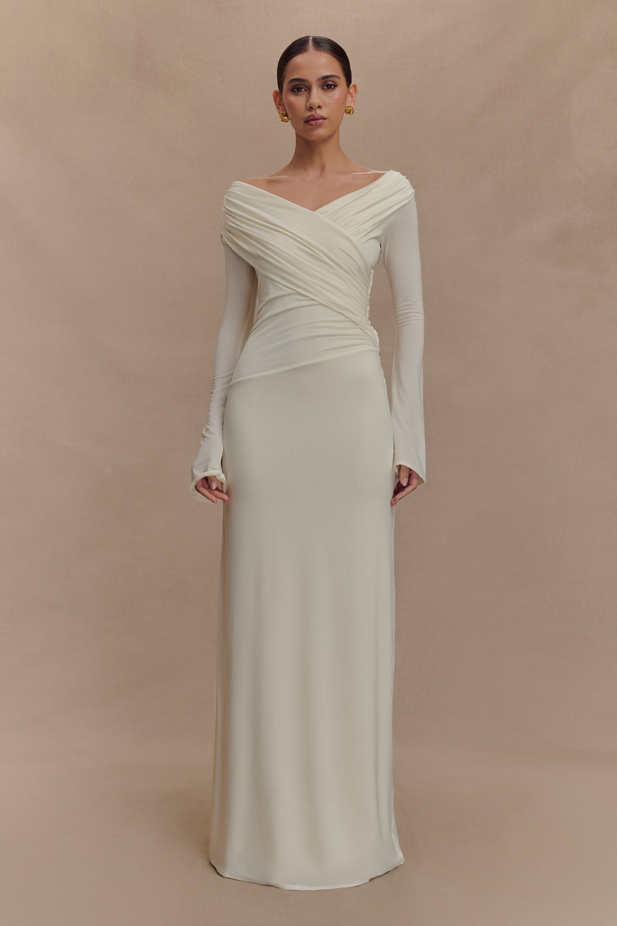 Jersey Gathering Off Shoulder Maxi Dress