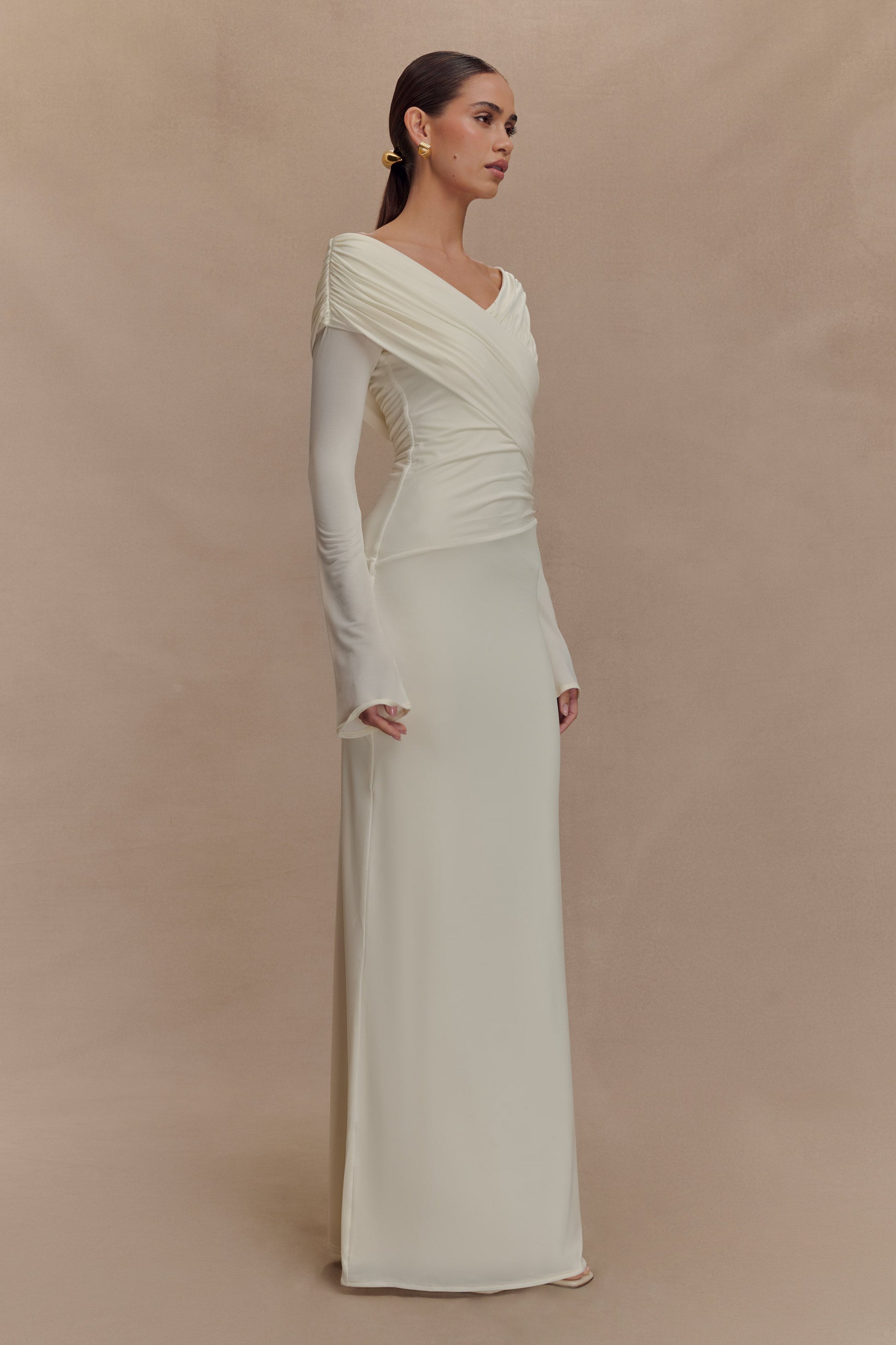 Jersey Gathering Off Shoulder Maxi Dress
