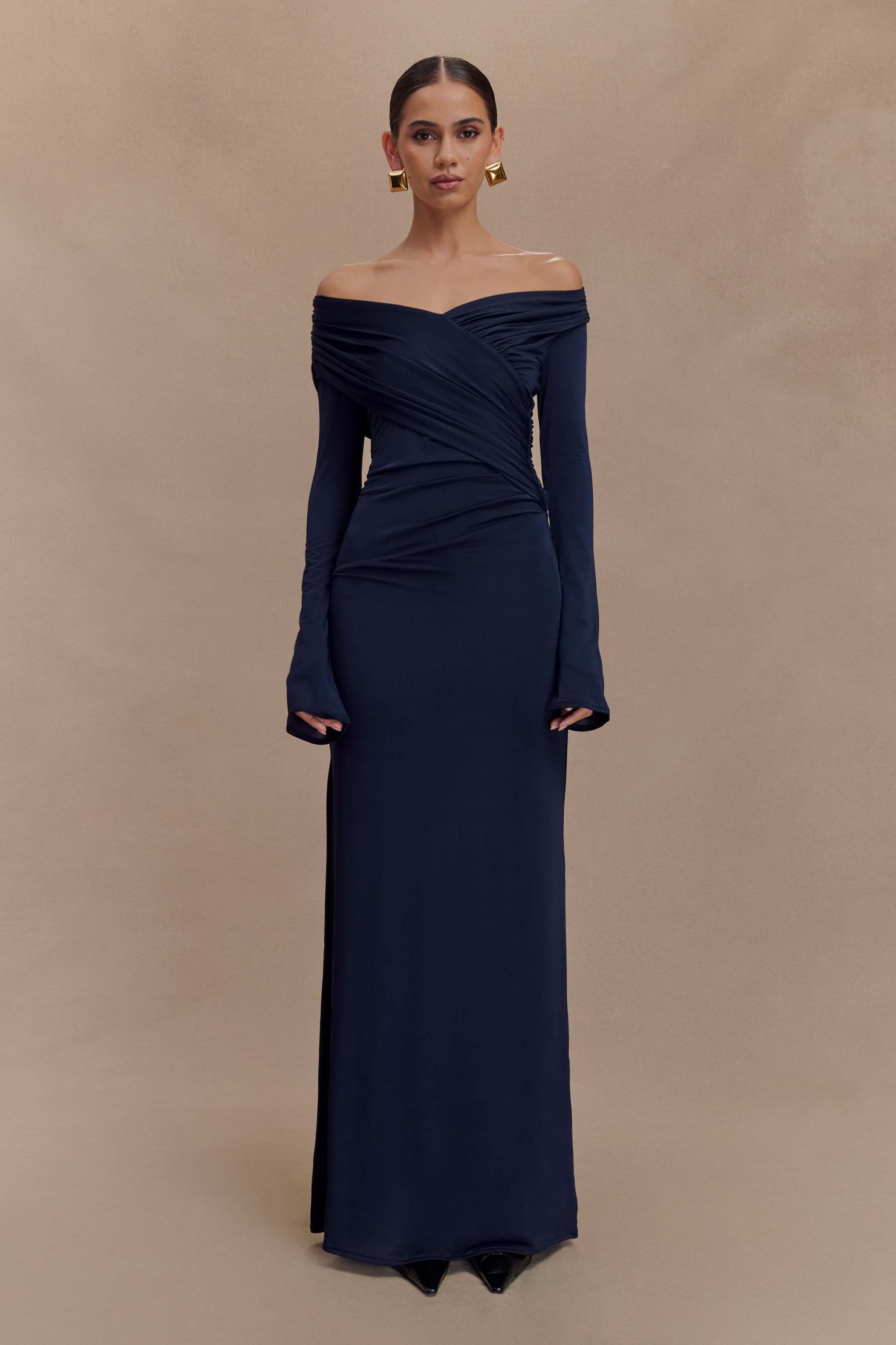 Jersey Gathering Off Shoulder Maxi Dress