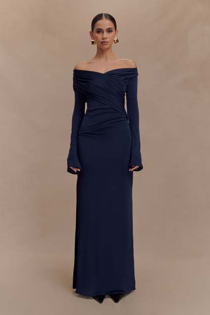 Jersey Gathering Off Shoulder Maxi Dress