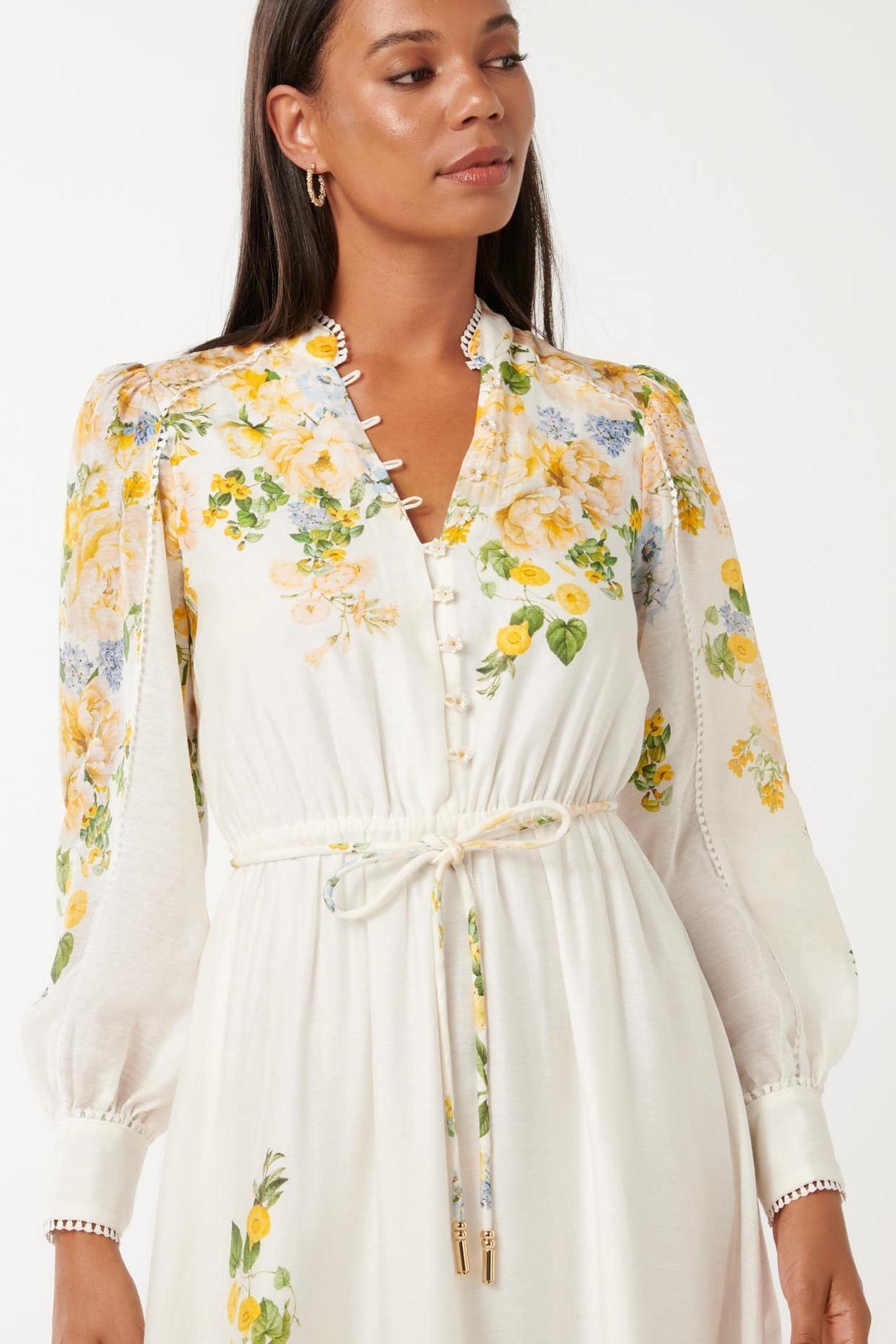 Floral Lace Lantern Sleeve Midi Dress