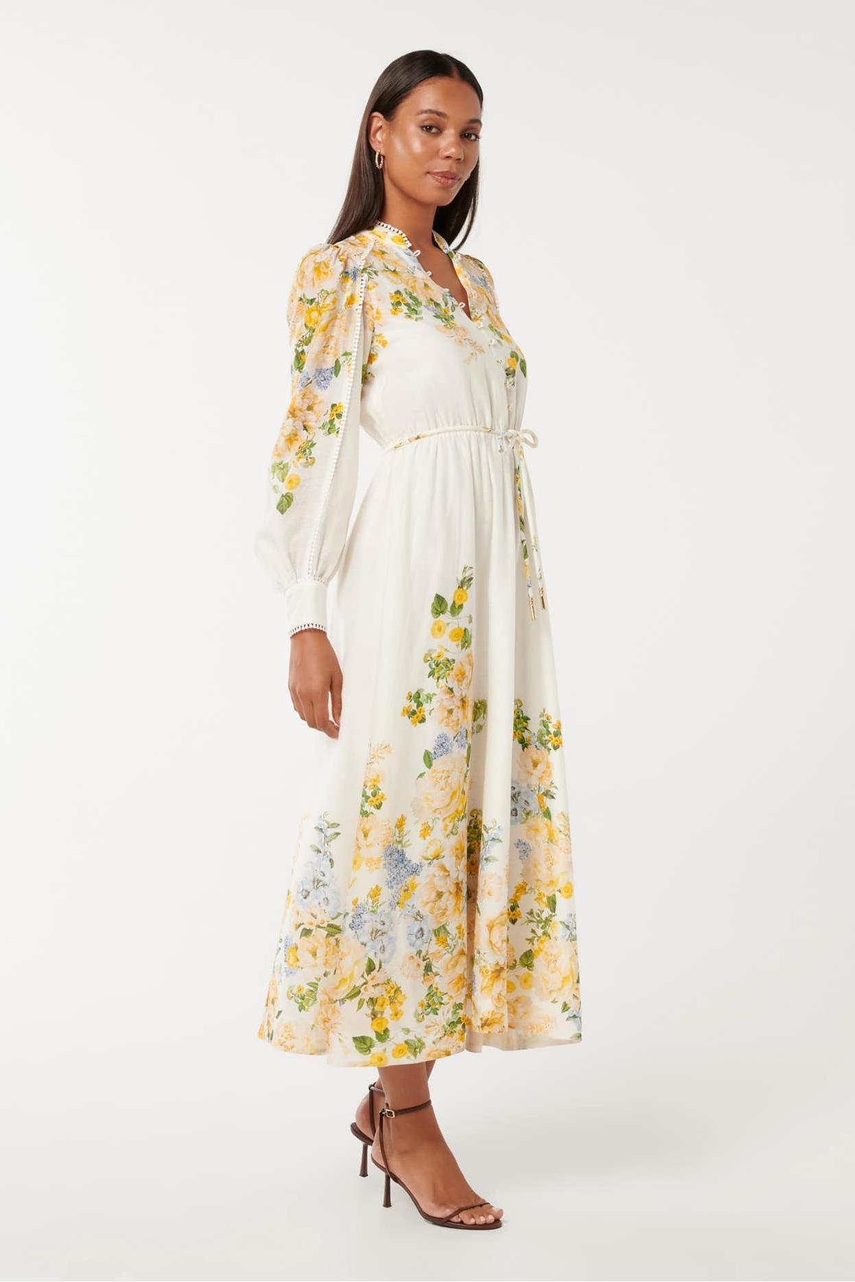 Floral Lace Lantern Sleeve Midi Dress