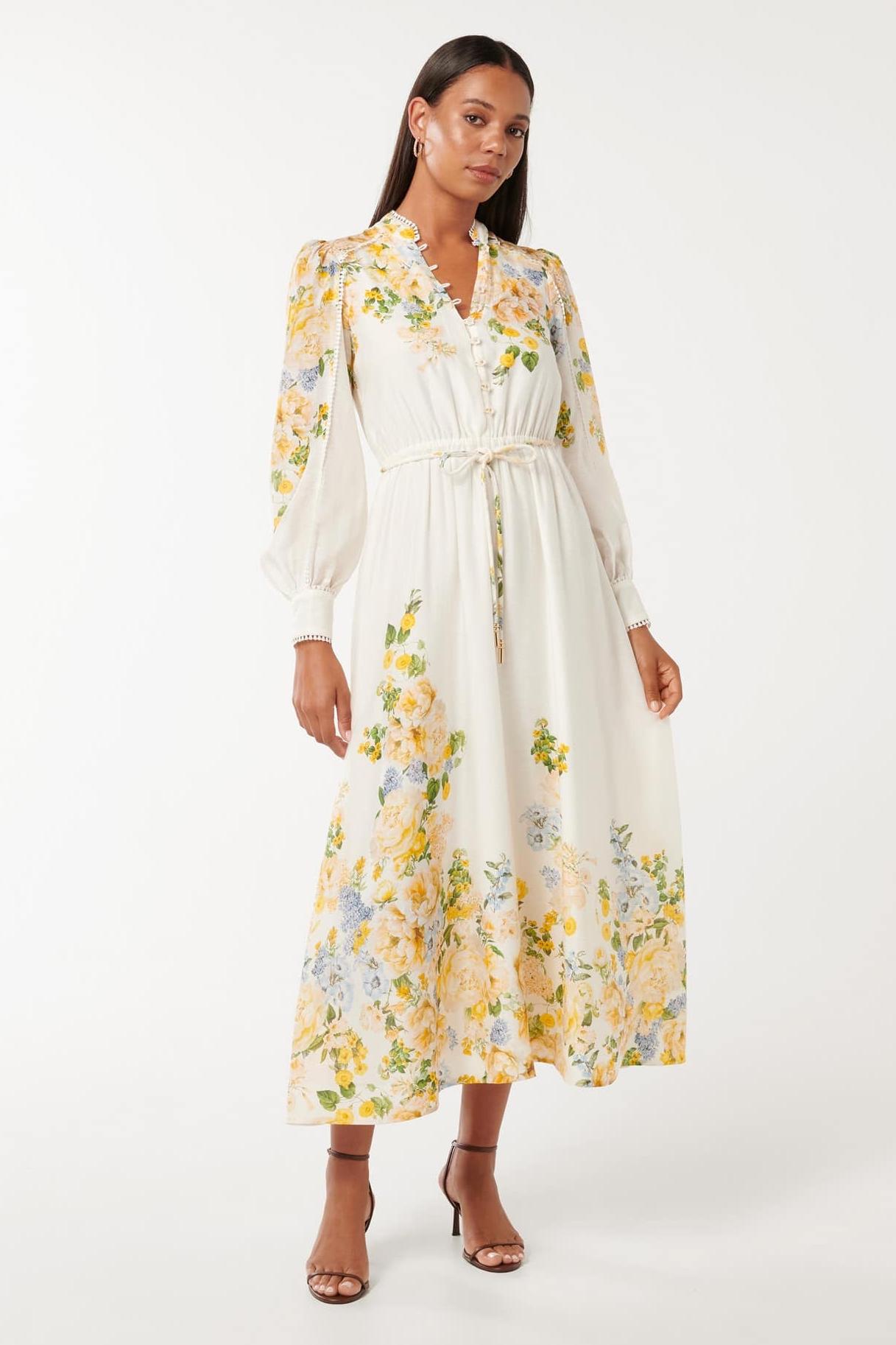 Floral Lace Lantern Sleeve Midi Dress