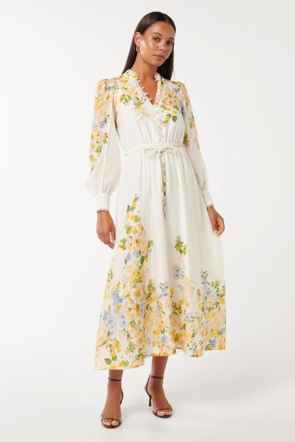 Floral Lace Lantern Sleeve Midi Dress