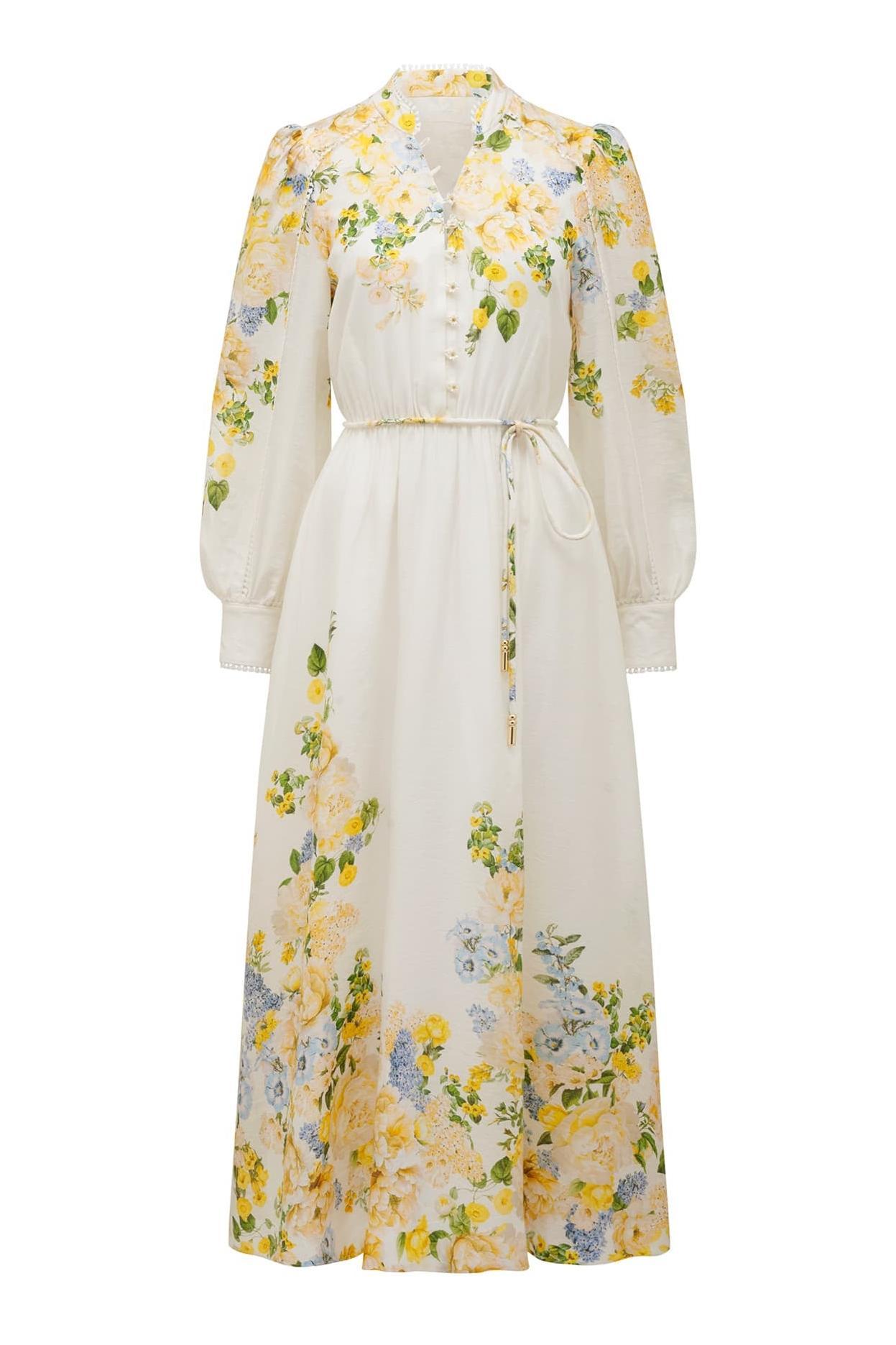 Floral Lace Lantern Sleeve Midi Dress