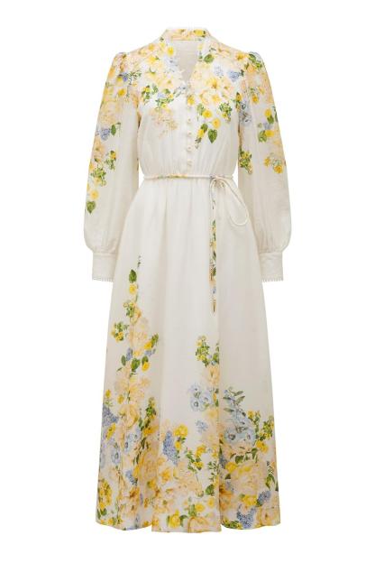Floral Lace Lantern Sleeve Midi Dress